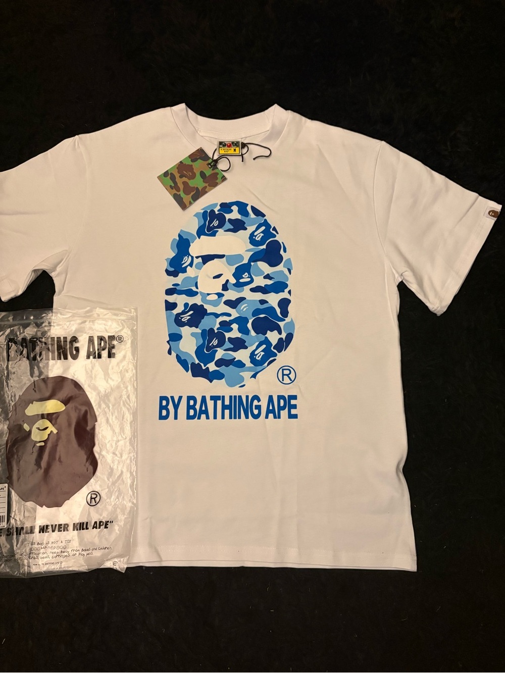 Bape White Tee with Blue Camo Ape Logo